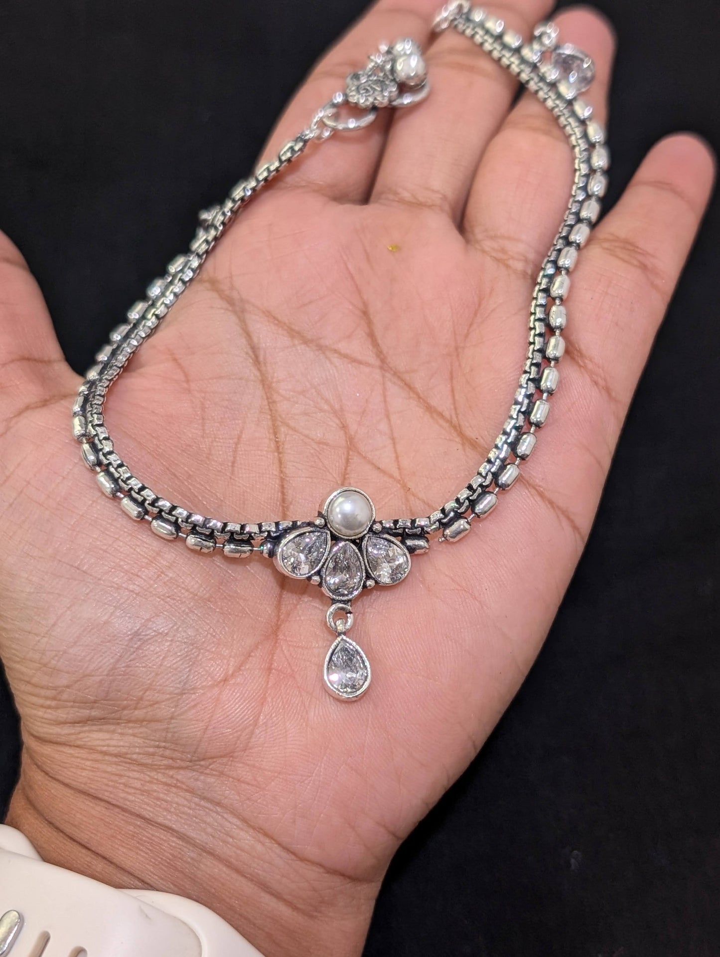 Oxidized Silver plated CZ Anklets - D1