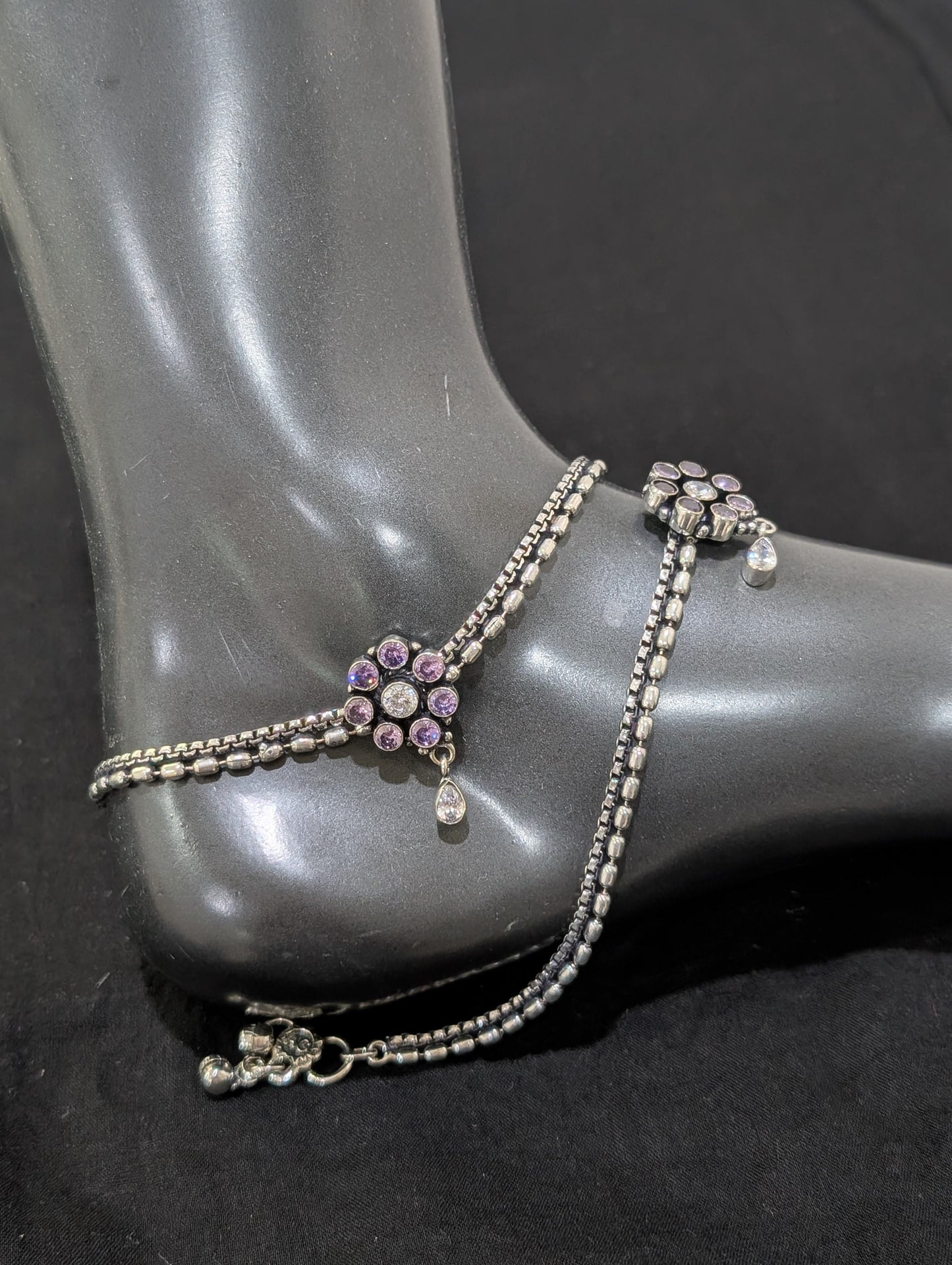 Oxidized Silver plated CZ Anklets - D2