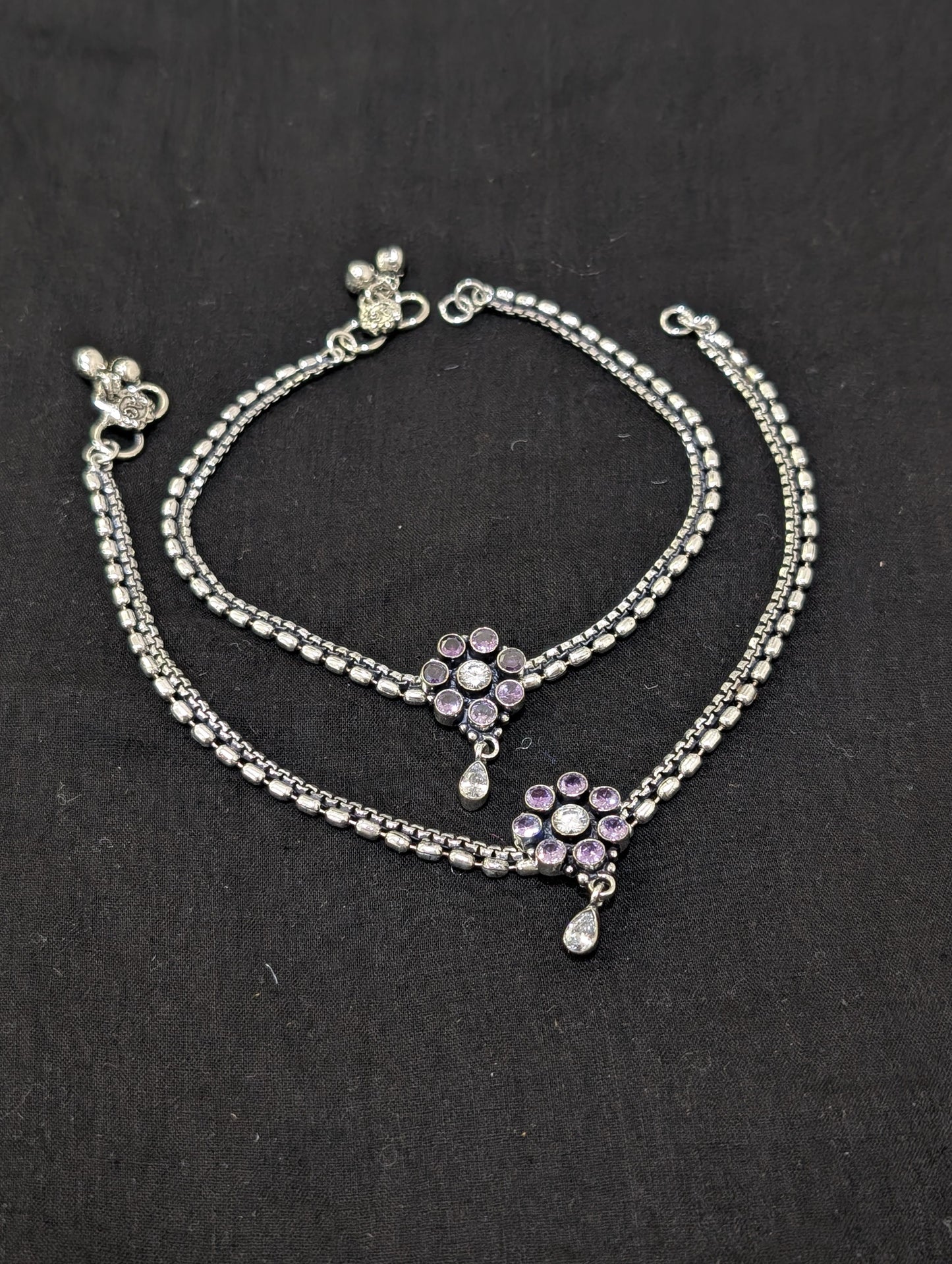 Oxidized Silver plated CZ Anklets - D2