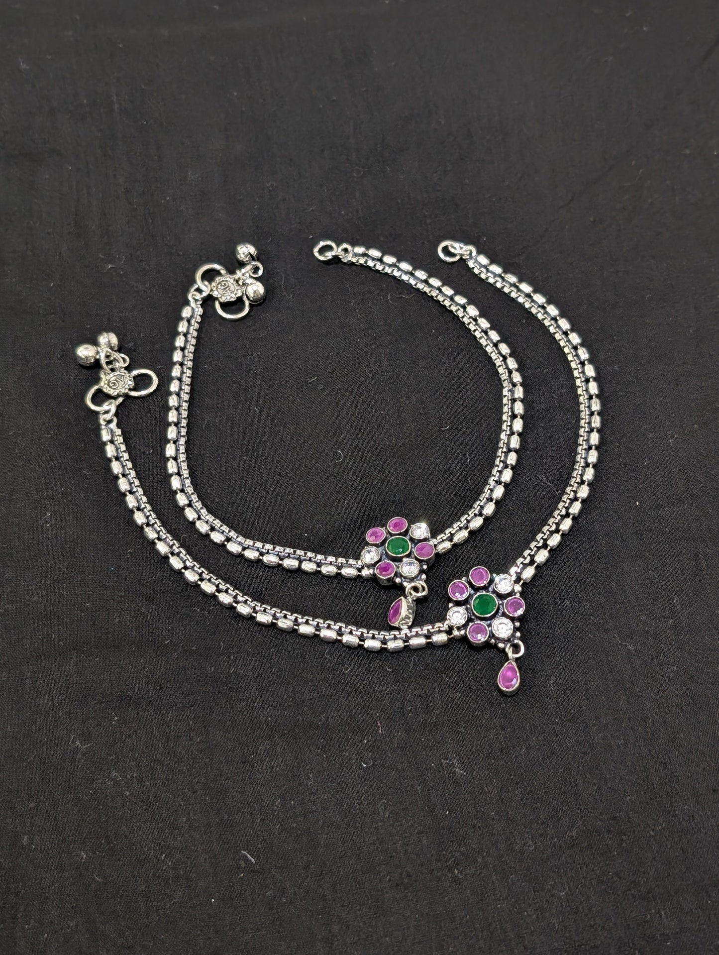 Oxidized Silver plated CZ Anklets - D2