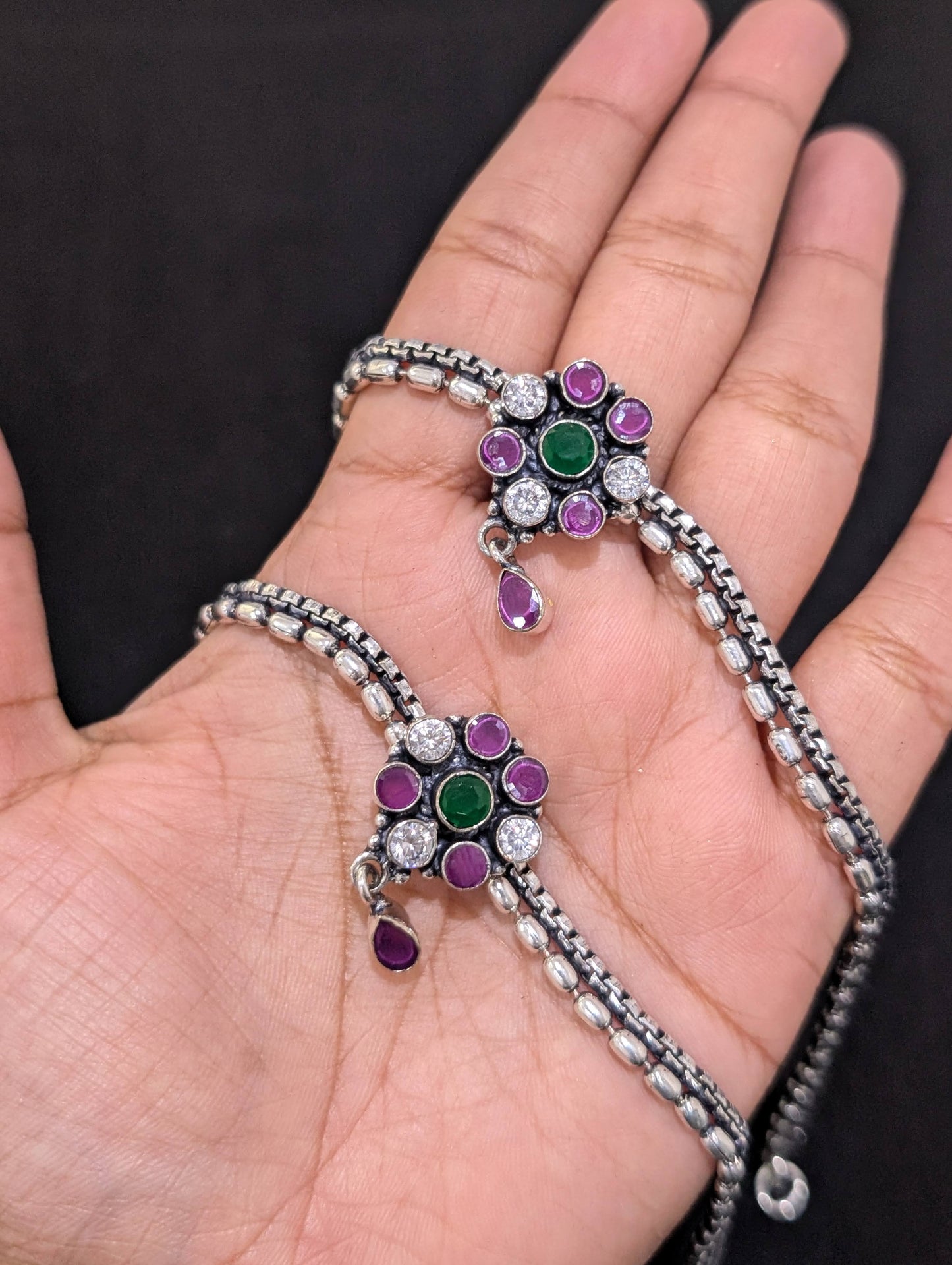 Oxidized Silver plated CZ Anklets - D2