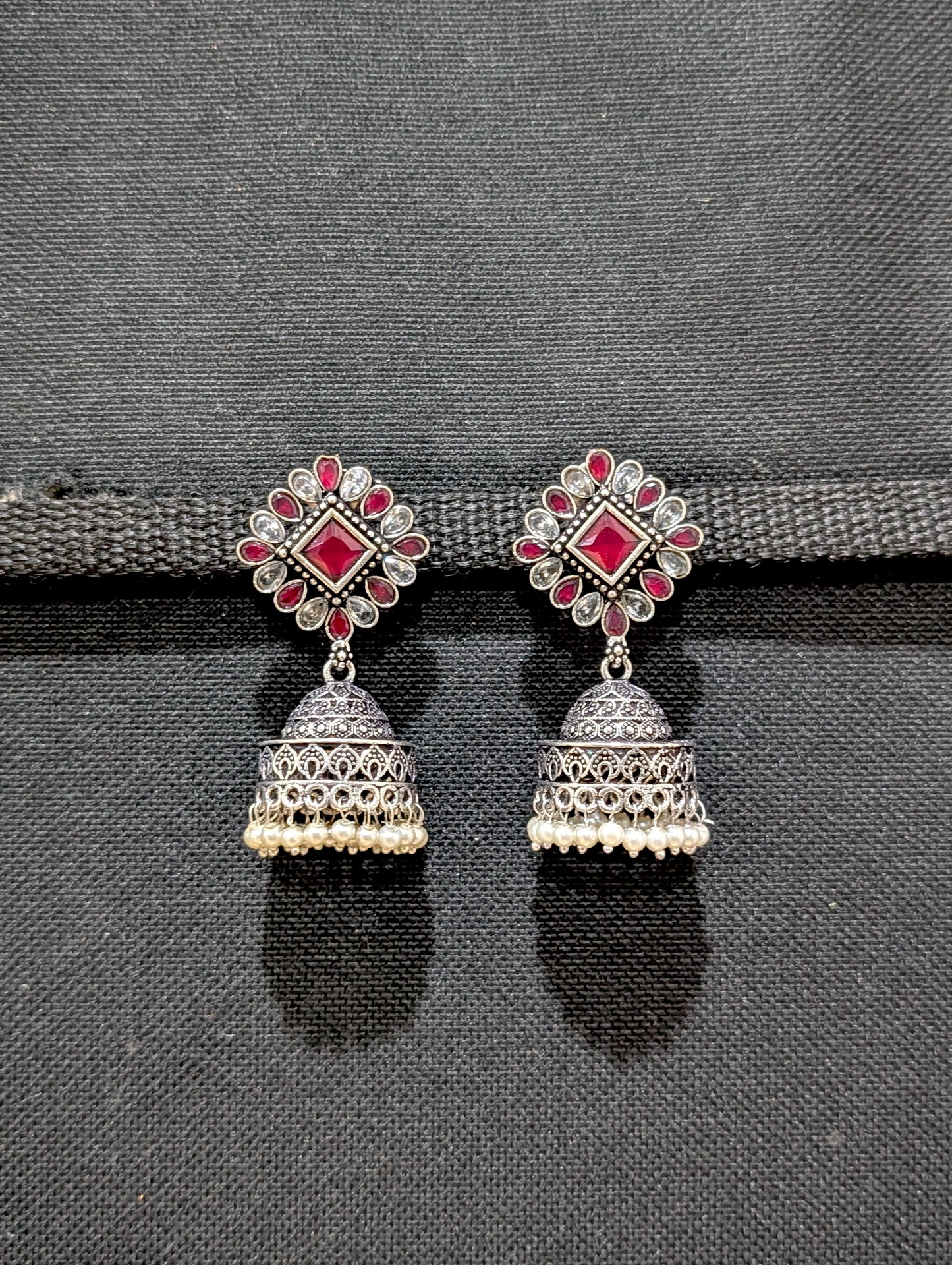 Oxidized silver CZ stone Medium Jhumka earrings