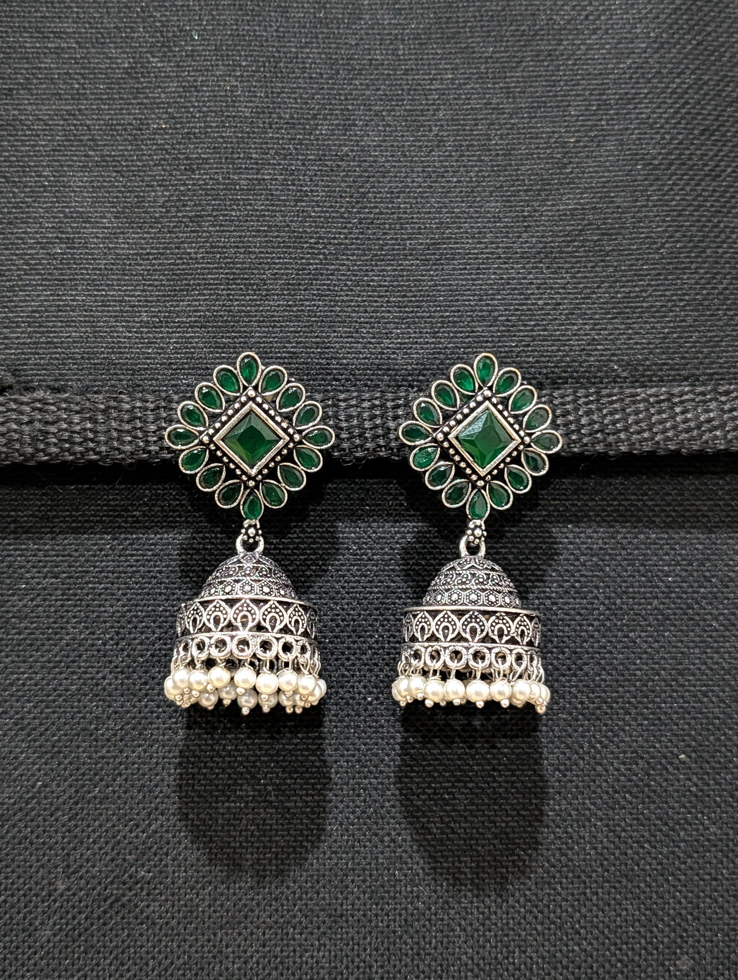 Oxidized silver CZ stone Medium Jhumka earrings