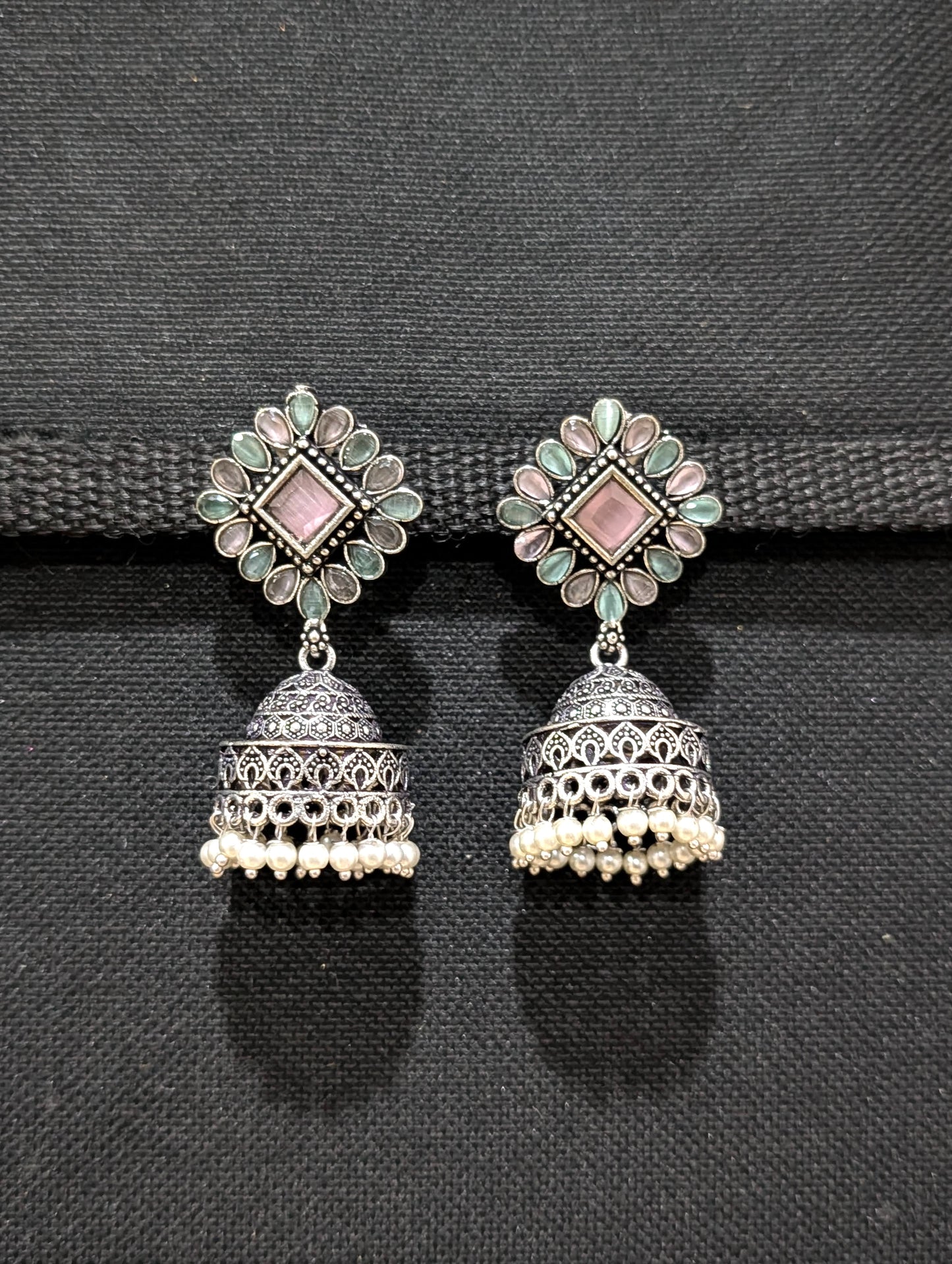 Oxidized silver CZ stone Medium Jhumka earrings