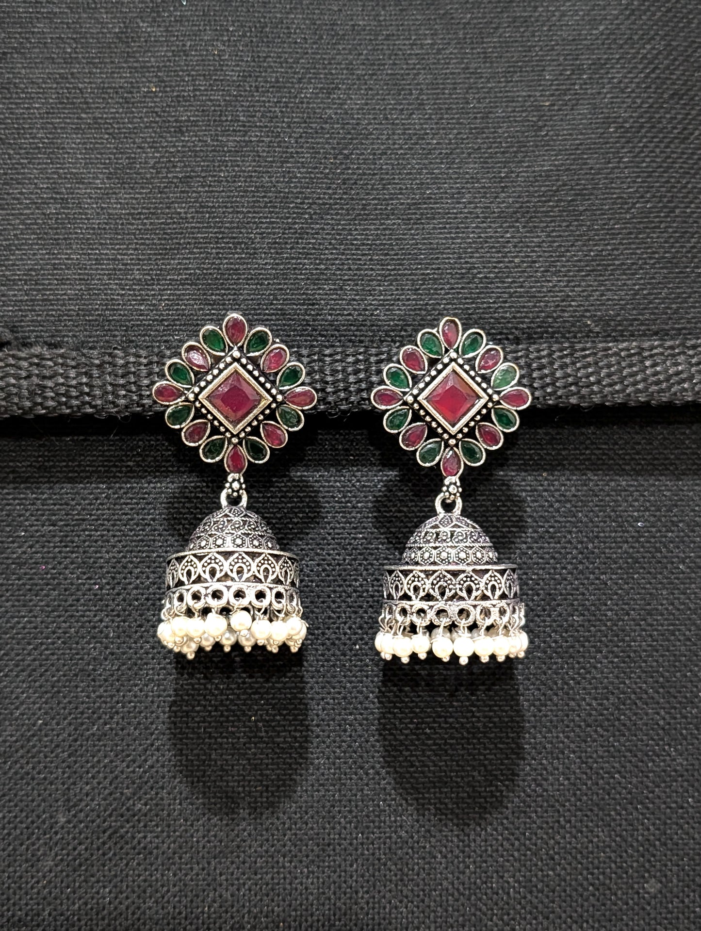Oxidized silver CZ stone Medium Jhumka earrings