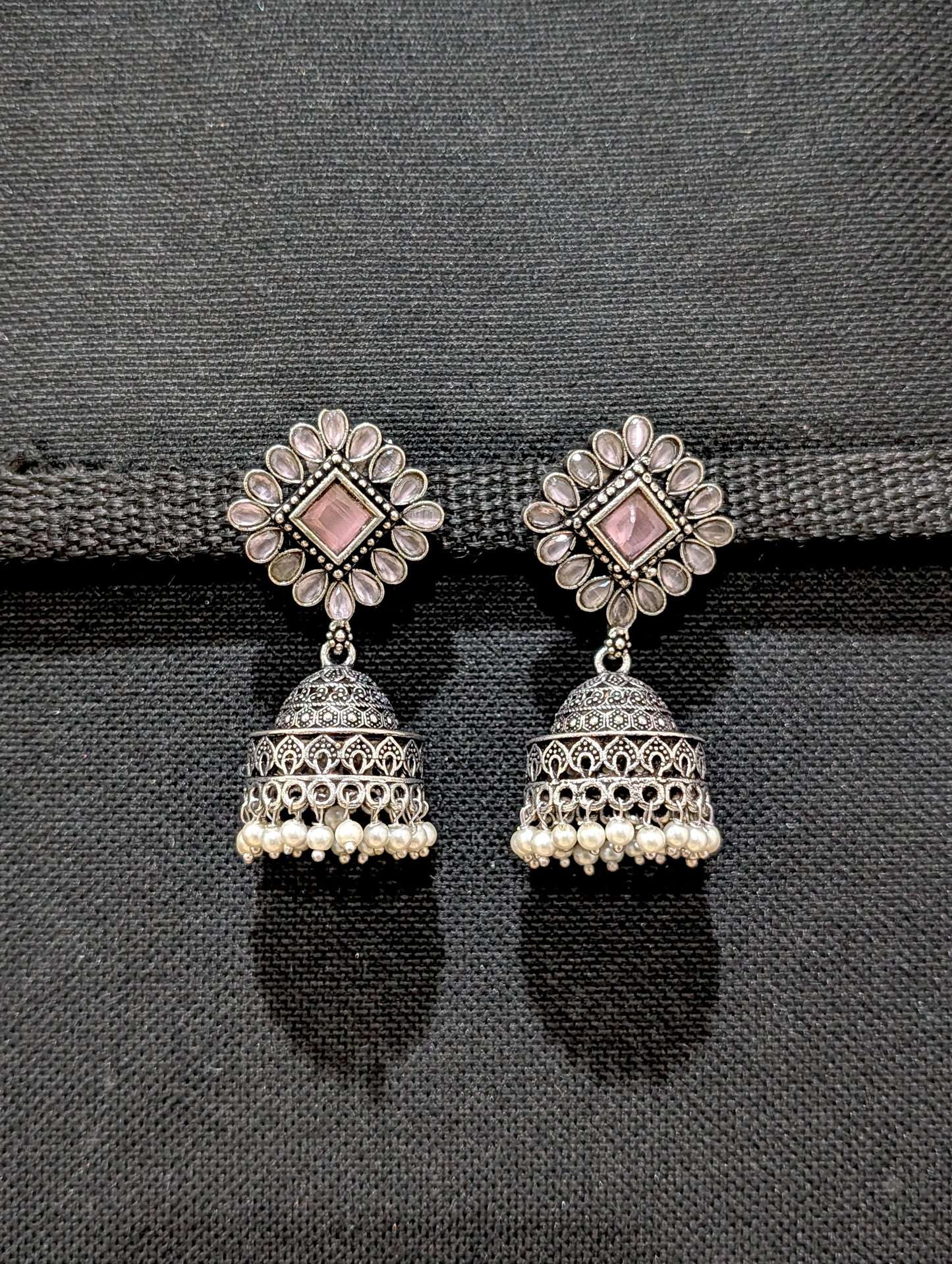 Oxidized silver CZ stone Medium Jhumka earrings