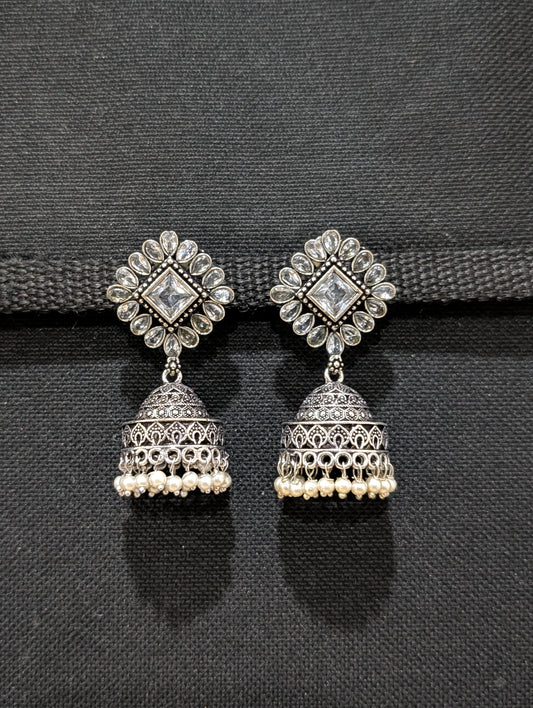 Oxidized silver CZ stone Medium Jhumka earrings