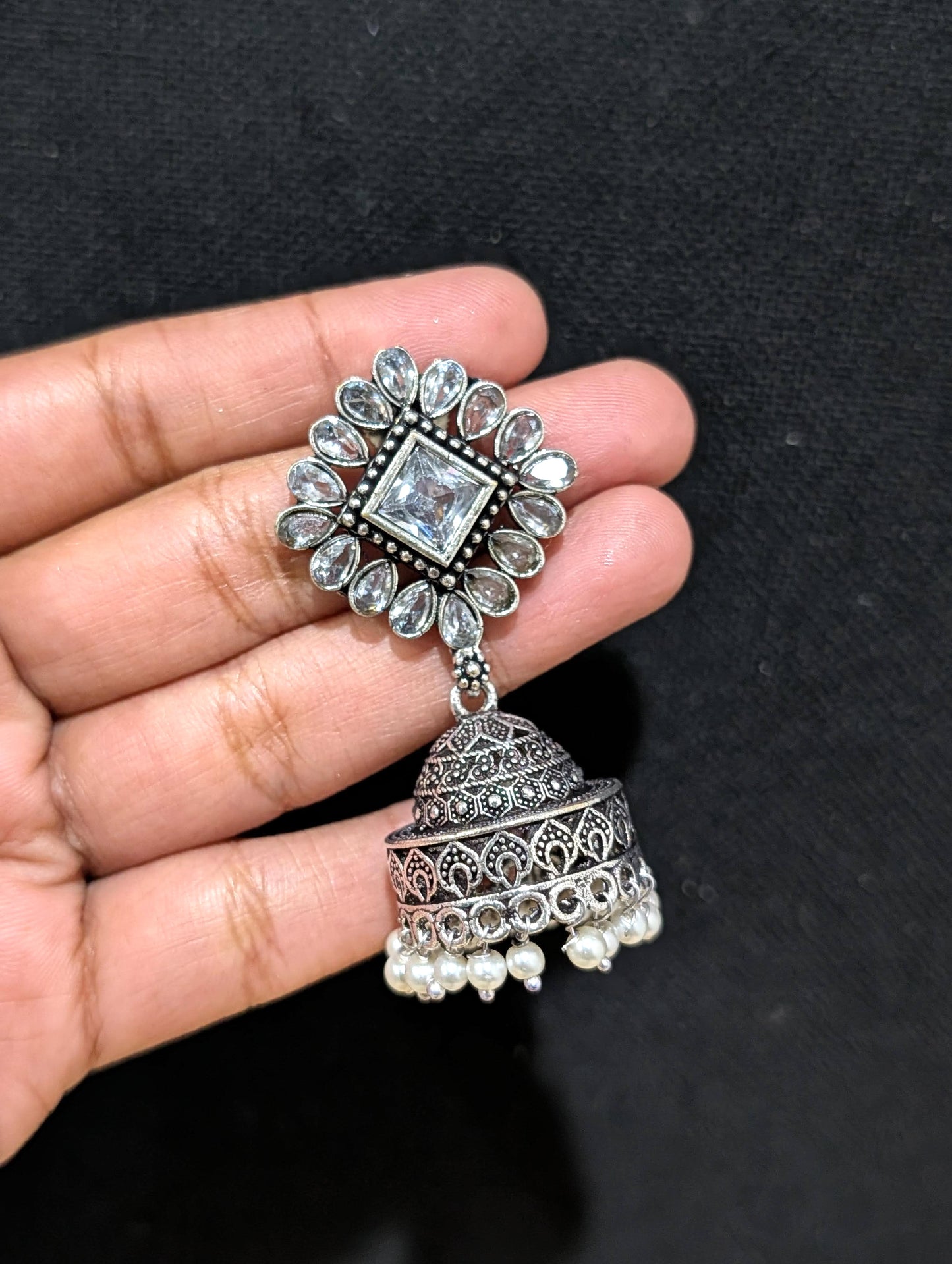 Oxidized silver CZ stone Medium Jhumka earrings