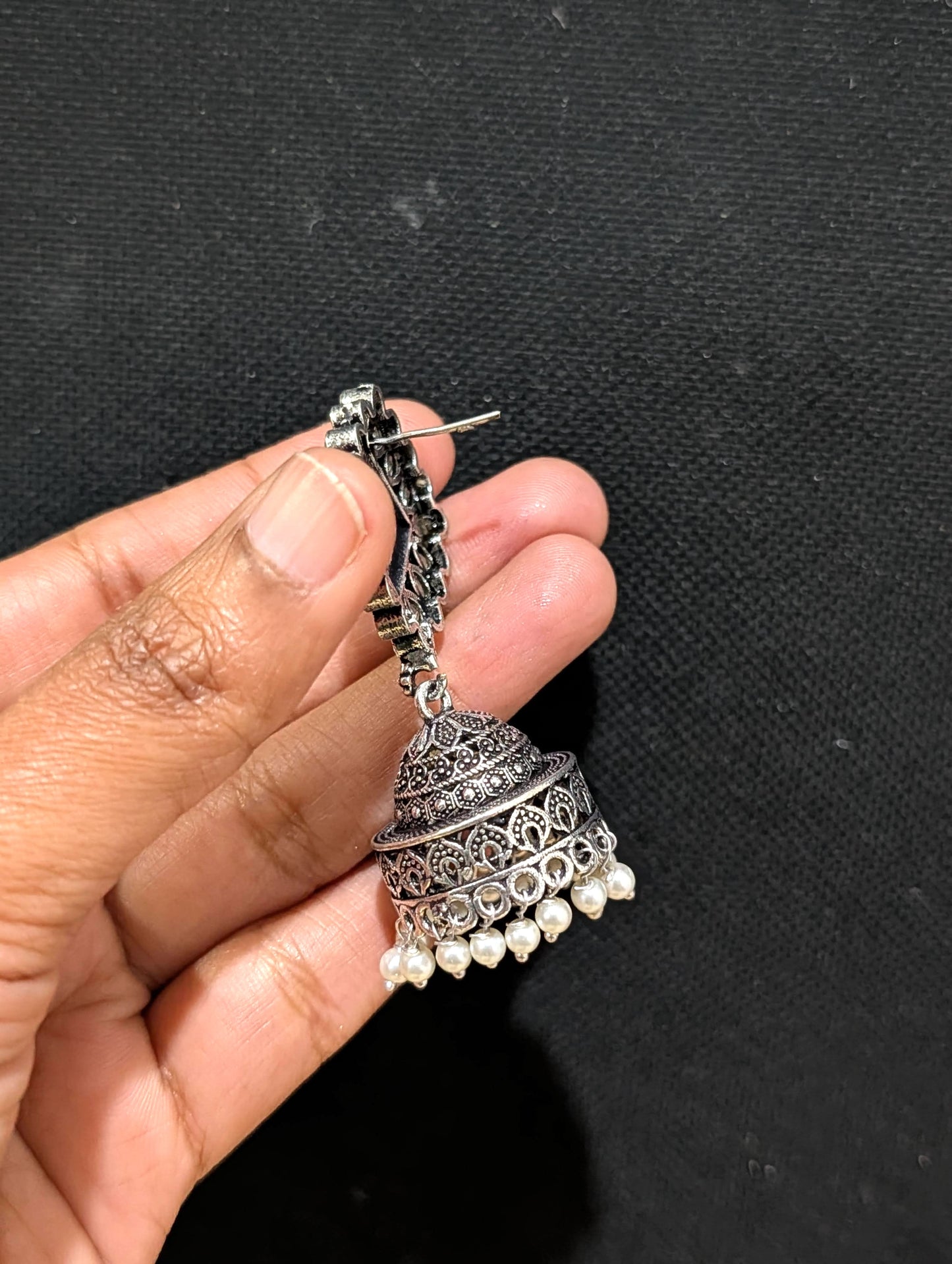 Oxidized silver CZ stone Medium Jhumka earrings