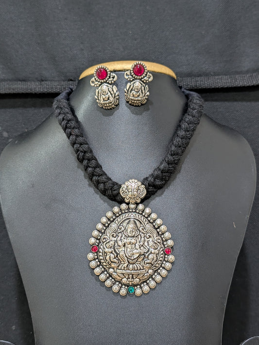 Resin bead Oxidized silver Dori thread Choker Necklace set  - D2