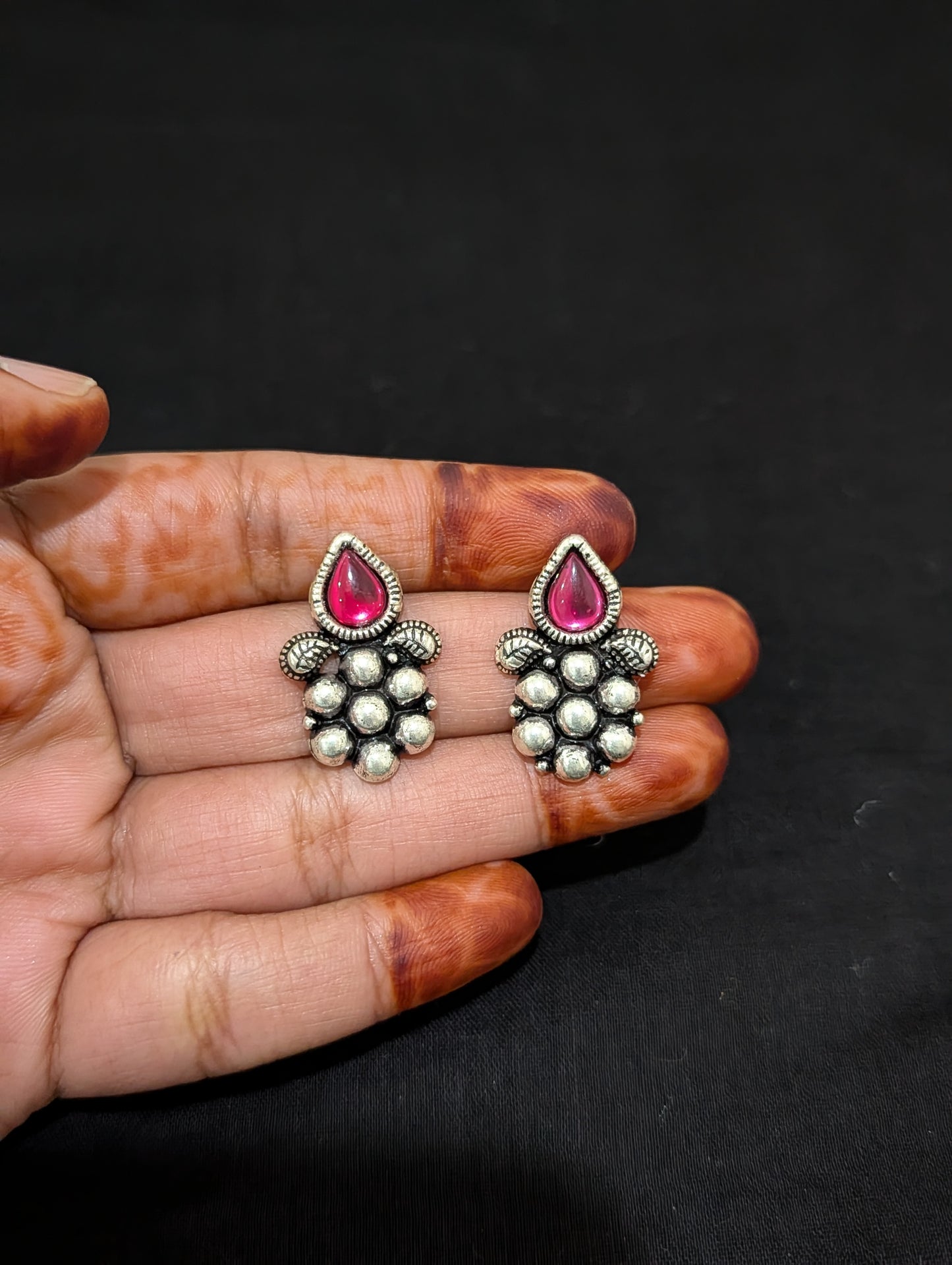 Oxidized silver Pink Resin stone Stud earrings