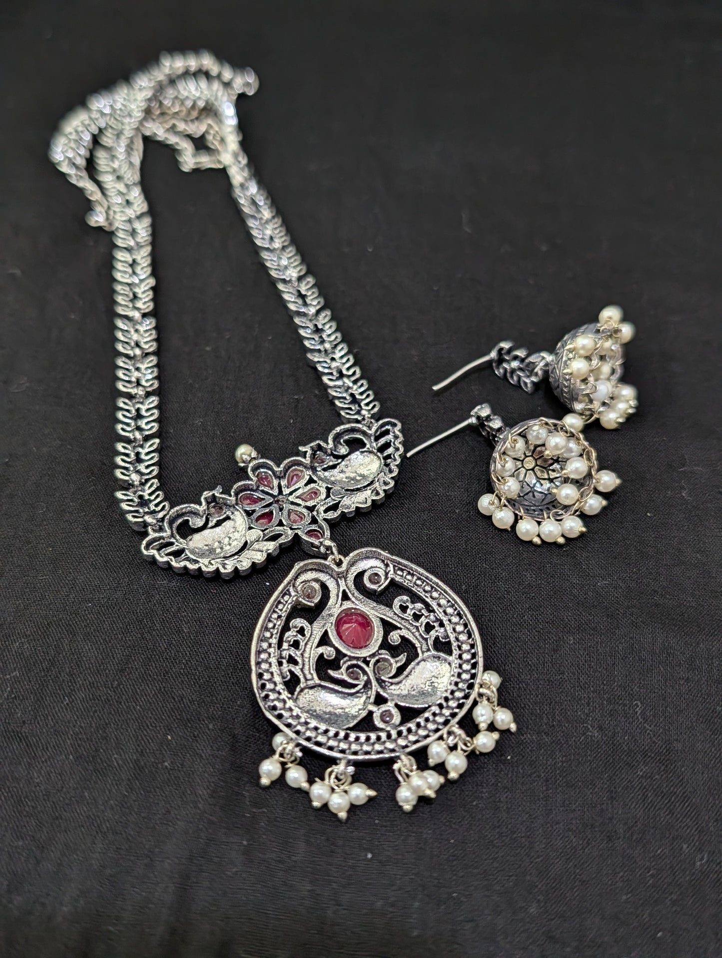 Oxidized Silver Peacock design necklace and earrings set