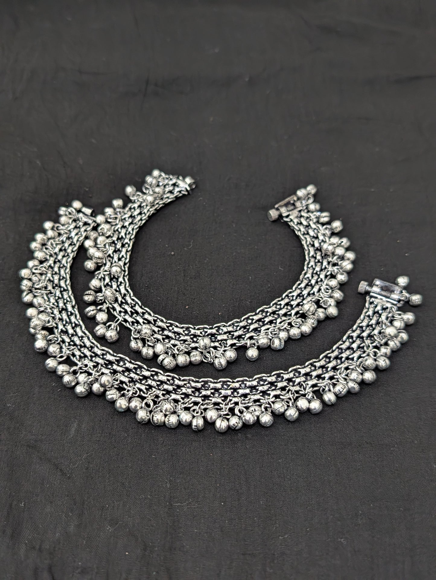Ghunghru bead Oxidized Silver Anklets - D2