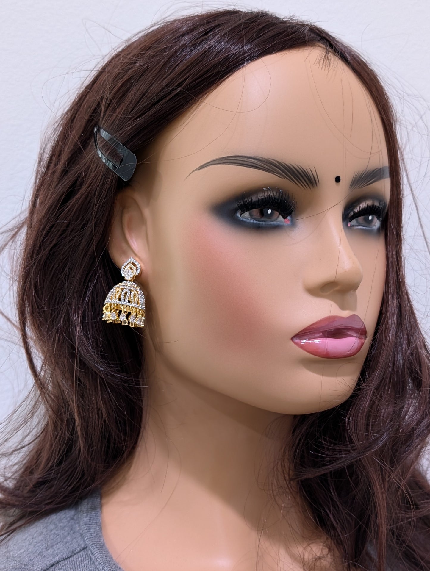 Dual teardrop Stud Shiny CZ Jhumka Earrings