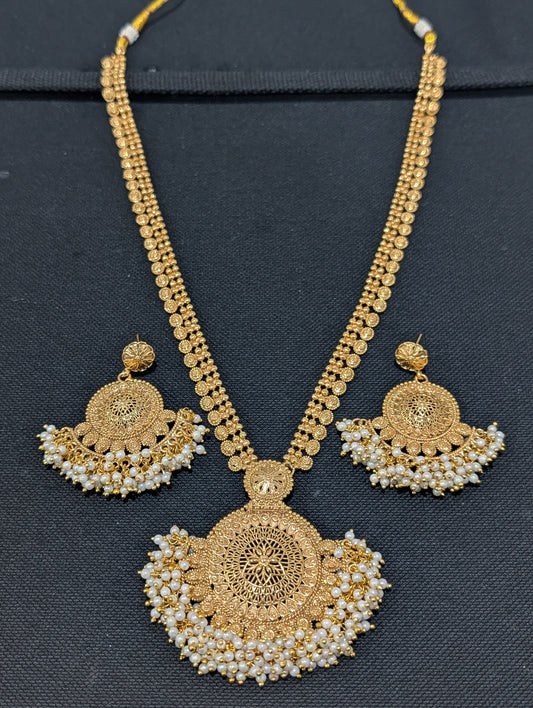 Chandbali Pendant Pearl cluster Long Haram Gold plated Necklace set