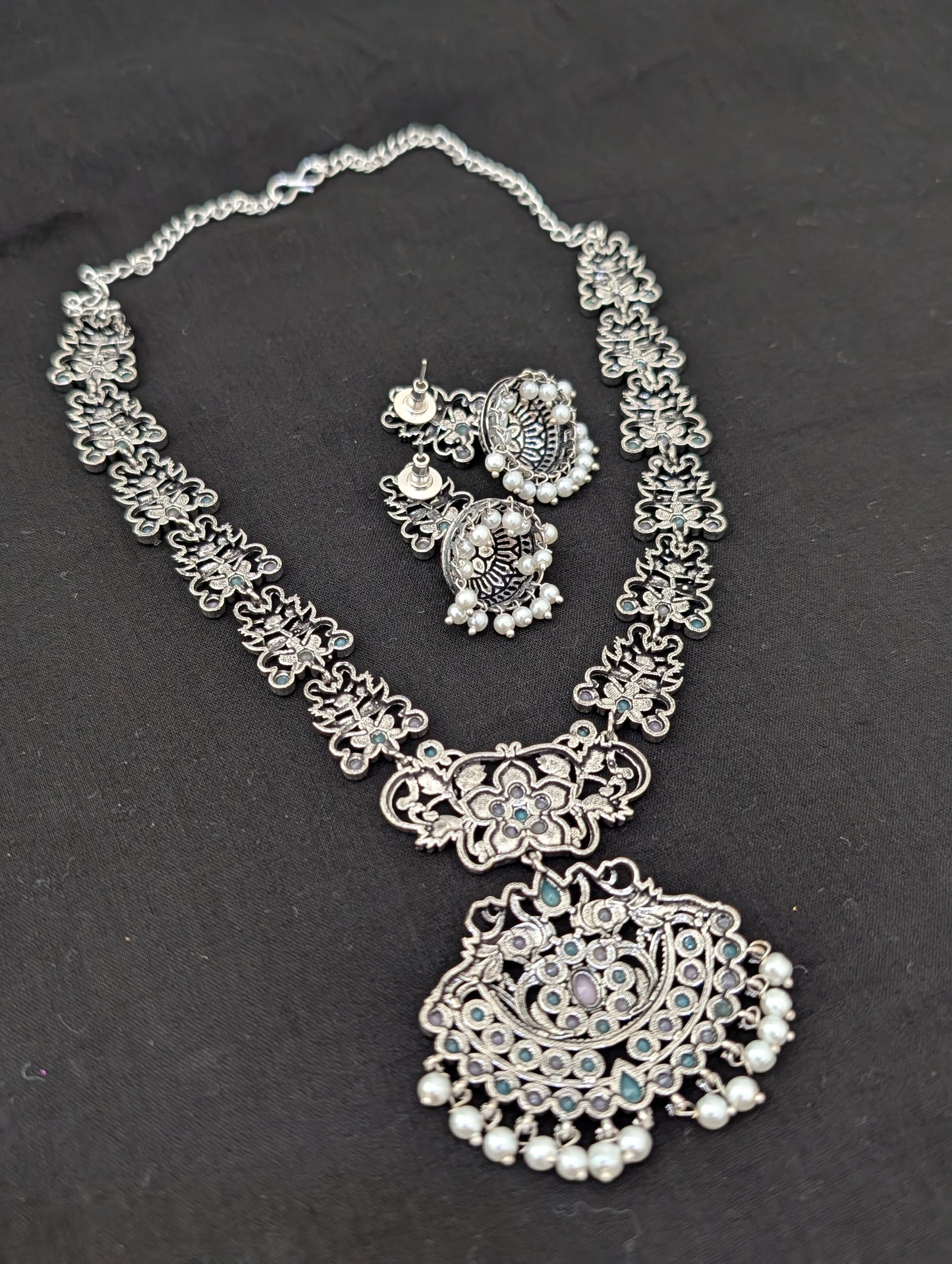 Pearl dangle Polki Oxidized Choker Set - Simpliful