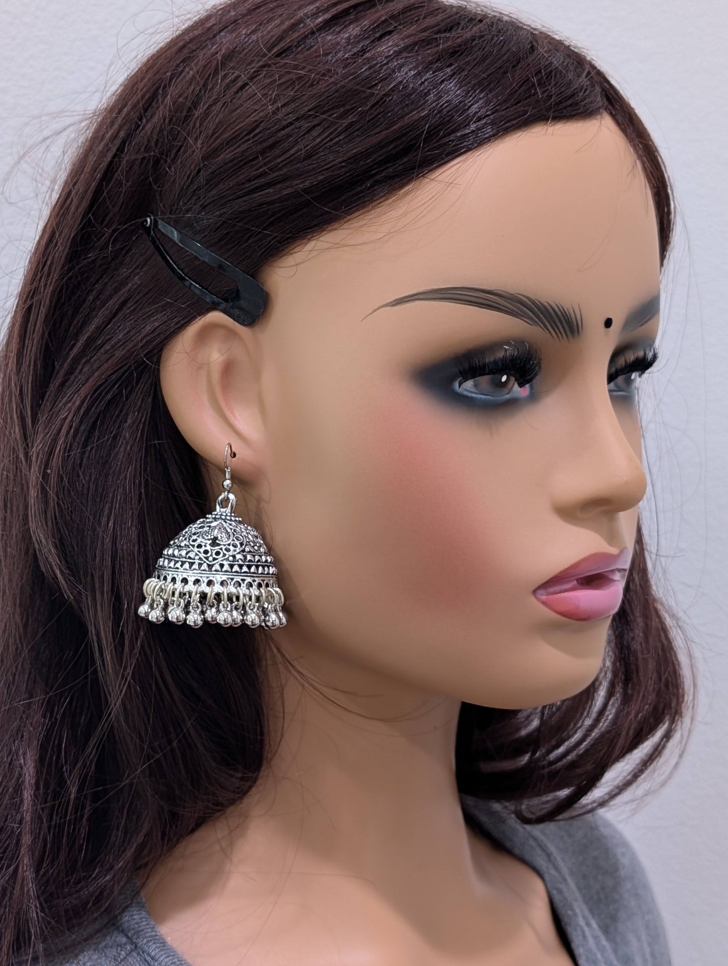 Oxidized Silver Large Jhumka Hook Earrings - Simpliful