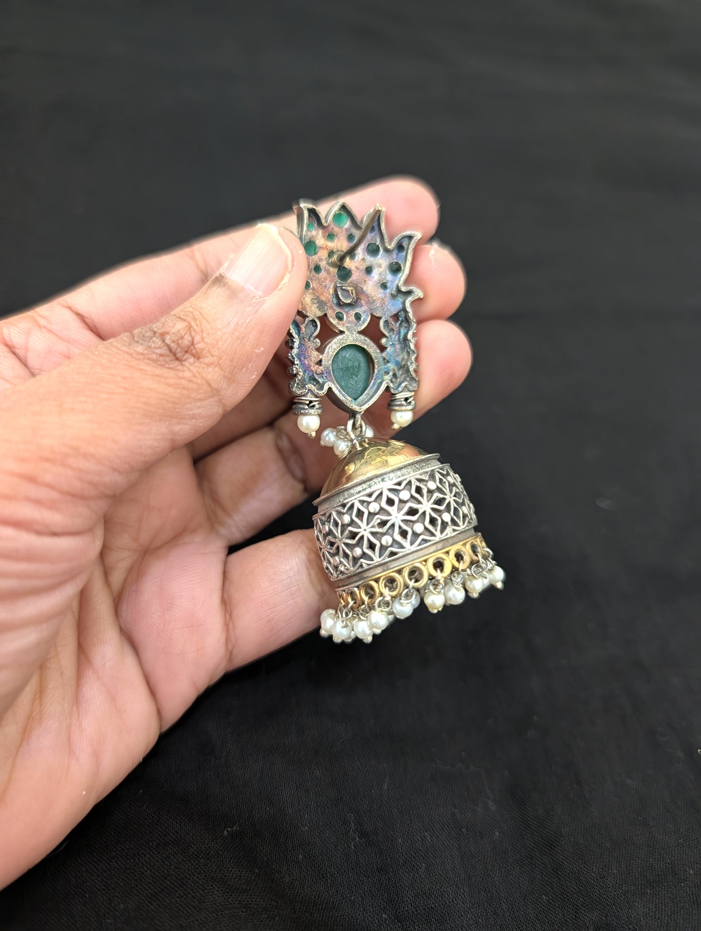 German Silver Dual Tone Lotus Jhumka Earrings