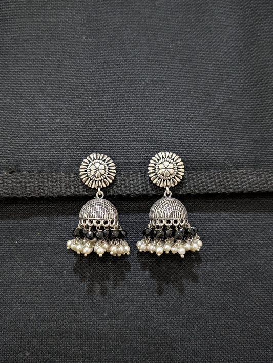 Oxidized silver colorful beaded Jhumka earrings - Simpliful
