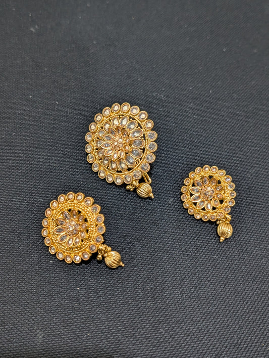 Light Gold plated Polki Round Clip on Hair Brooch - 3 piece set - Simpliful