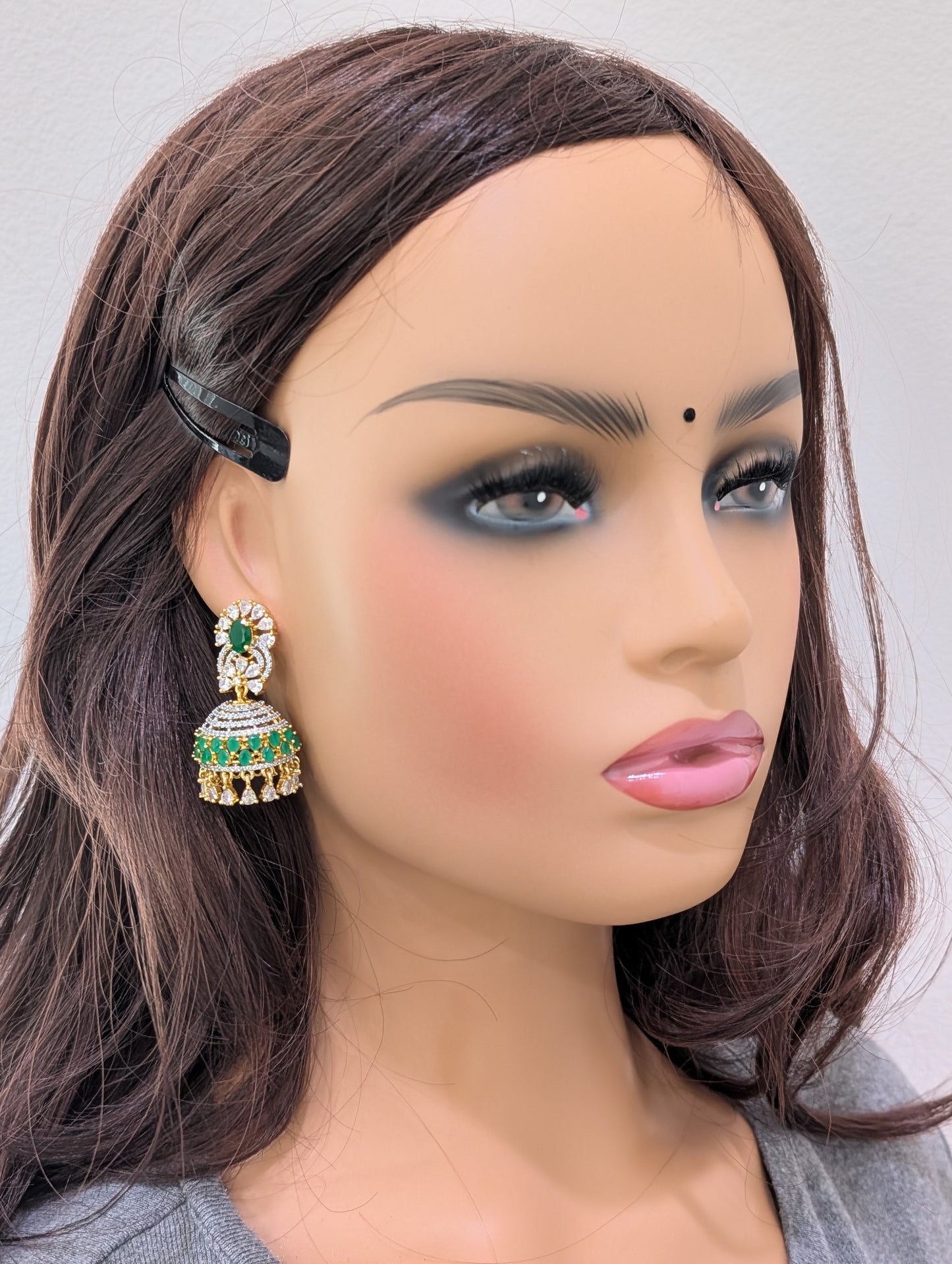 Green White CZ Grand Jhumka Earrings - Simpliful