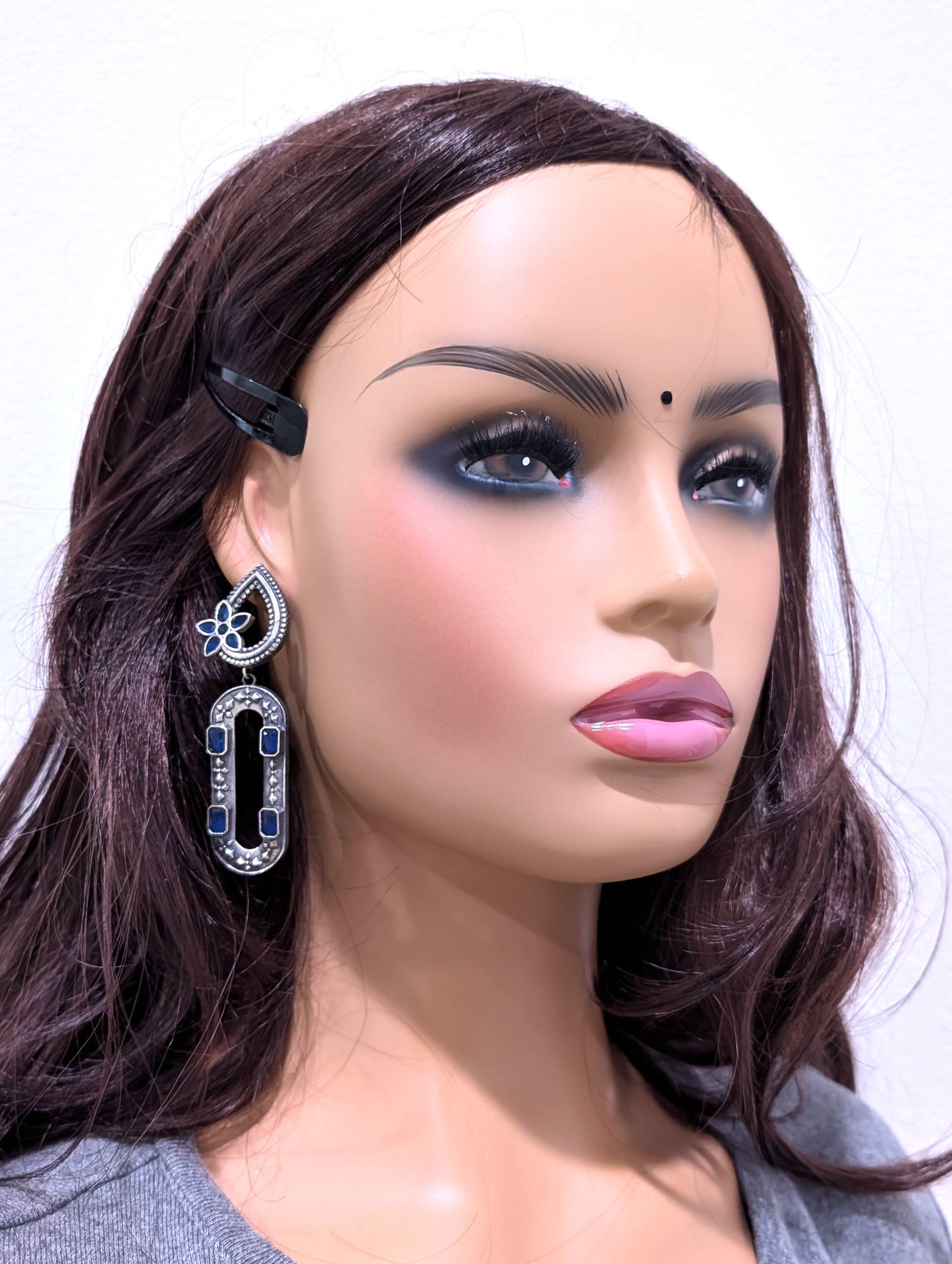 Tear drop stud with long hollow oval dangle oxidized earrings - Simpliful