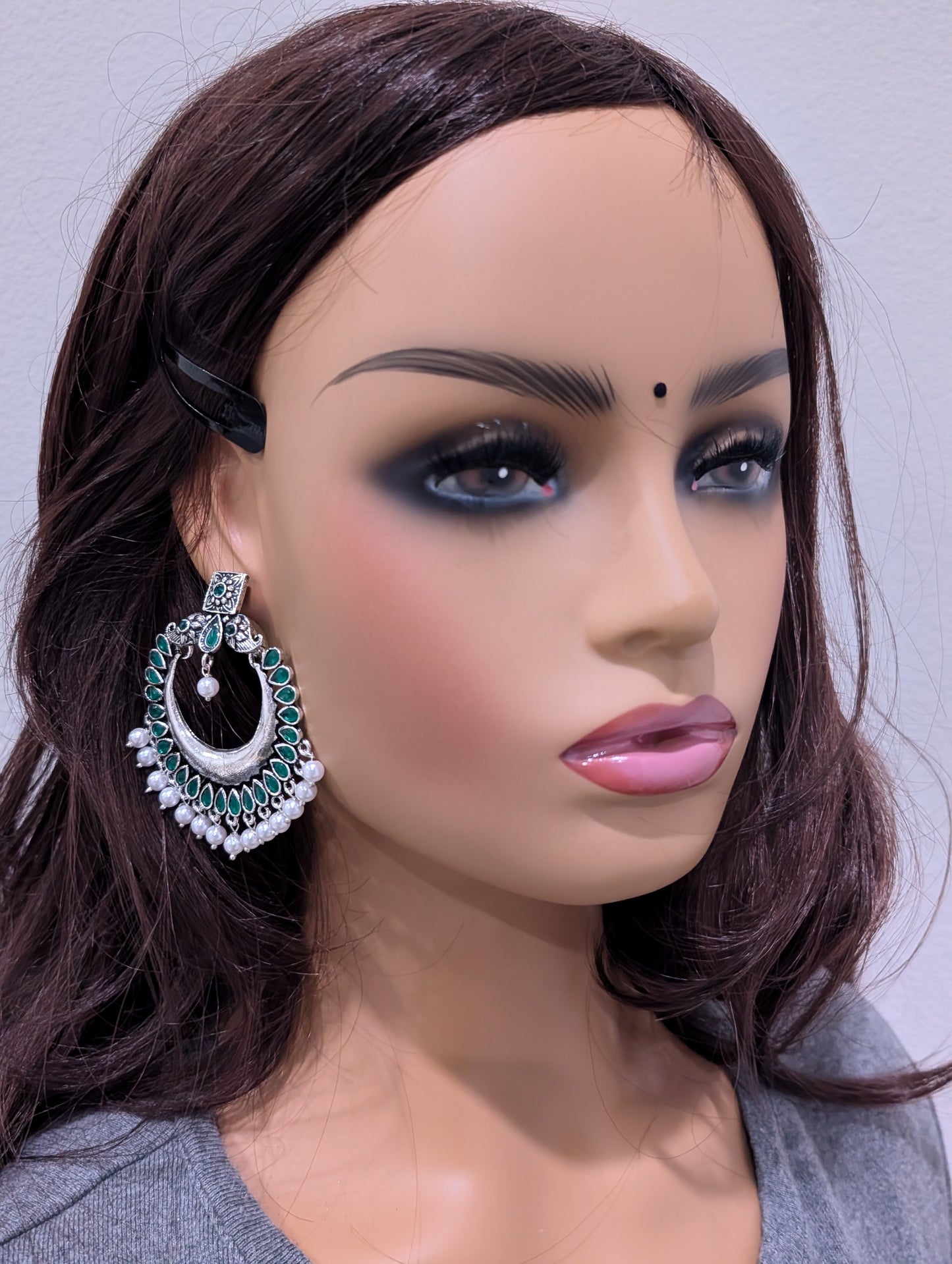 Green CZ Oxidized Silver Large Chandbali Earrings - Simpliful