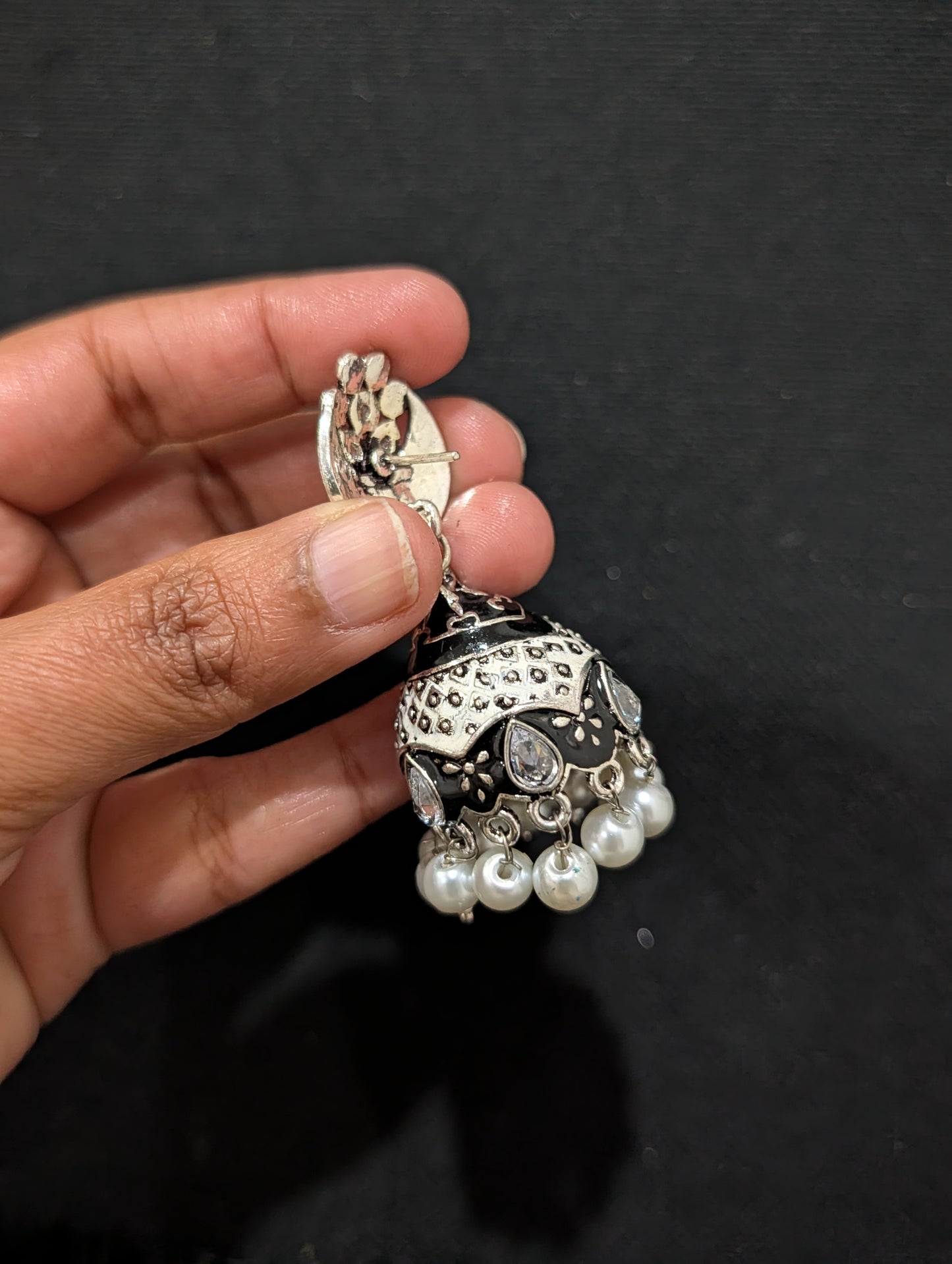 Enamel work Oxidized Silver Jhumka Earrings