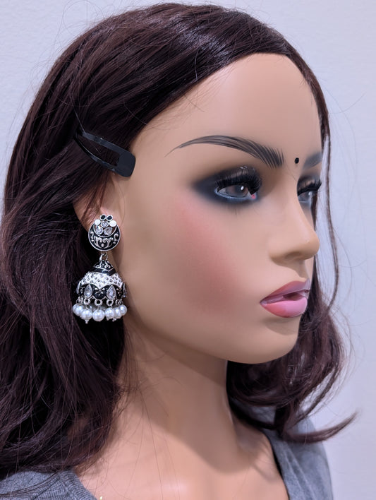 Enamel work Oxidized Silver Jhumka Earrings