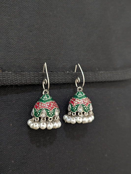 Silver plated Enamel Hook drop jhumka Earrings