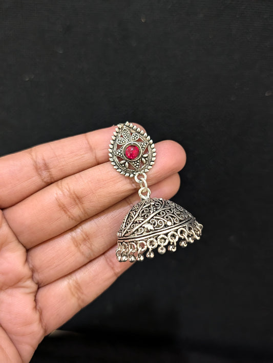 Oxidized silver kemp stone Jhumka earrings