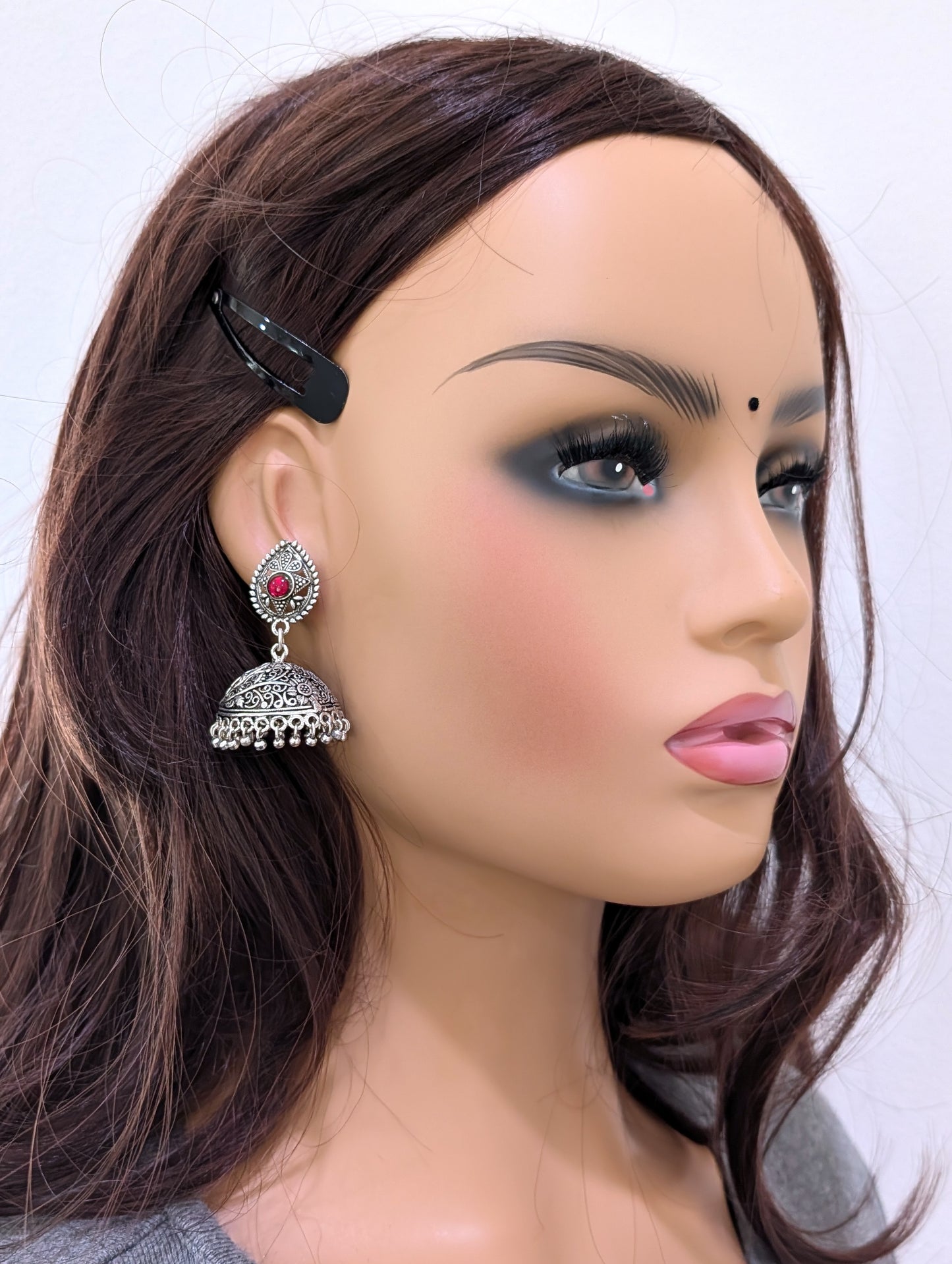 Oxidized silver kemp stone Jhumka earrings