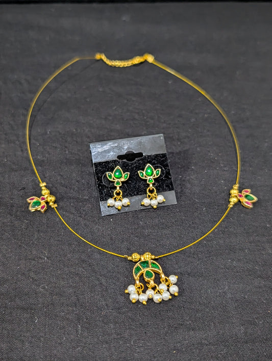 Minimalistic Jadau Kundan Invisible Chain Necklace set - D2