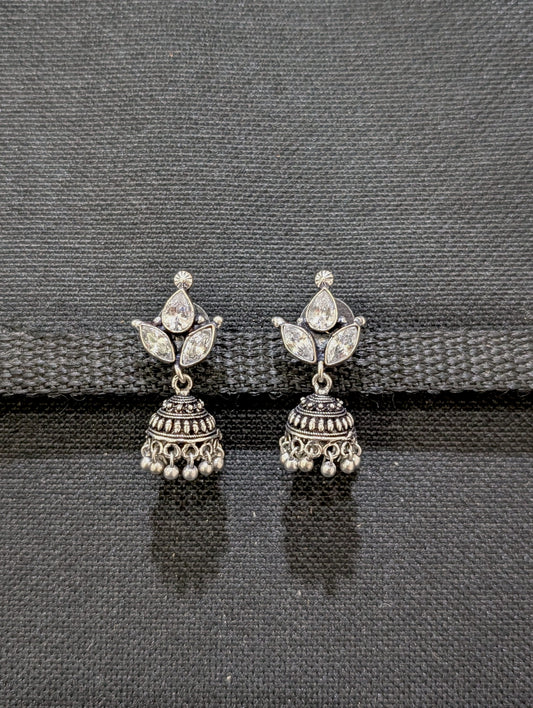 Oxidized silver 3 stone CZ Jhumka earrings