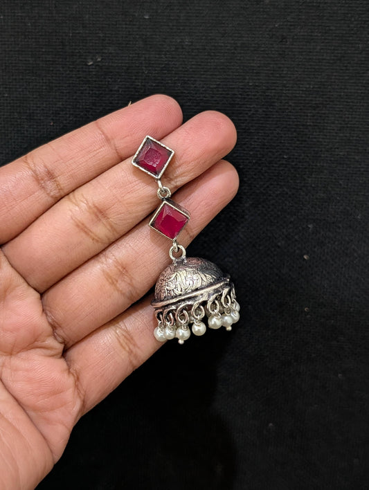 Oxidized Silver Dual Diamond design Jhumka Earrings