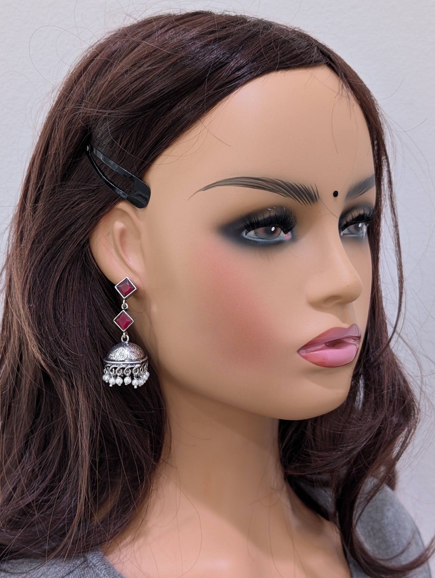 Oxidized Silver Dual Diamond design Jhumka Earrings