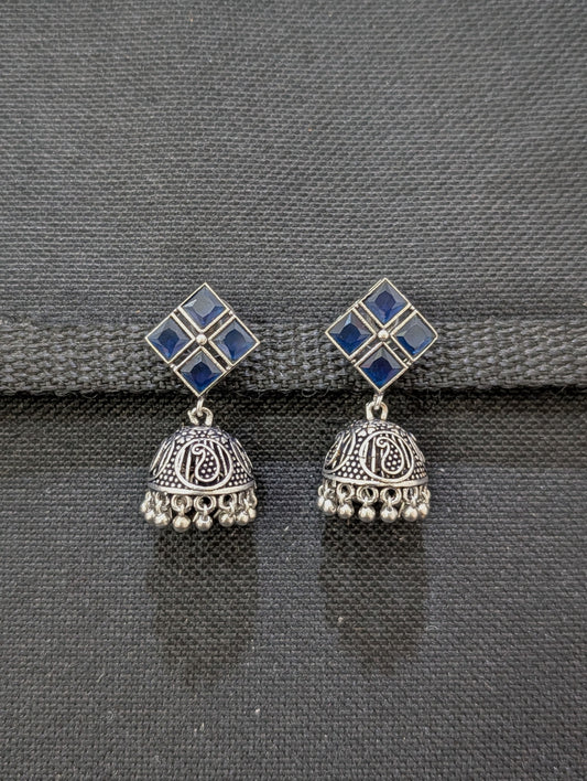 Oxidized Silver 4 stone Diamond design Jhumka Earrings