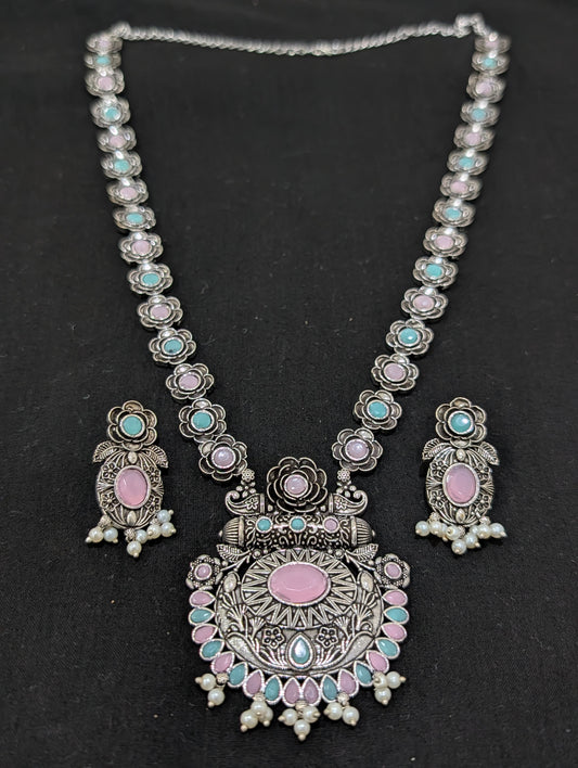 Oxidized Silver Rose Flower design necklace and earrings set