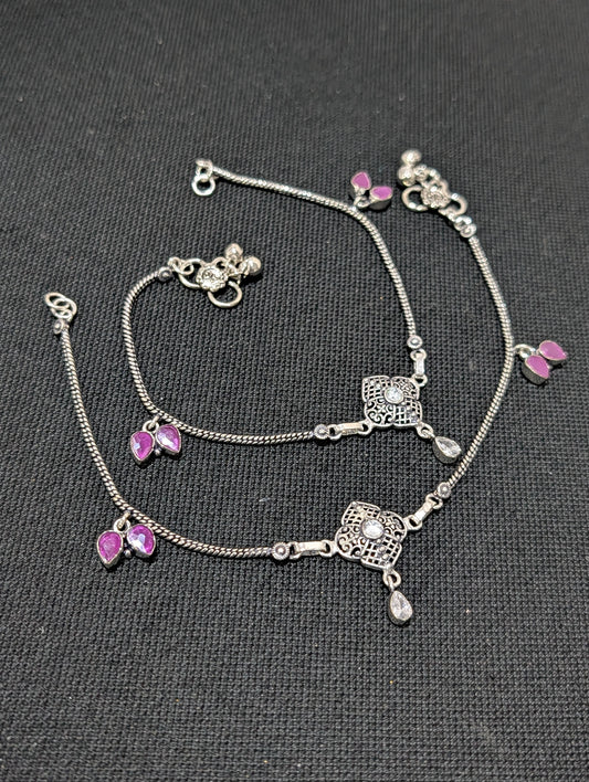 Oxidized Silver plated CZ Anklets - D7