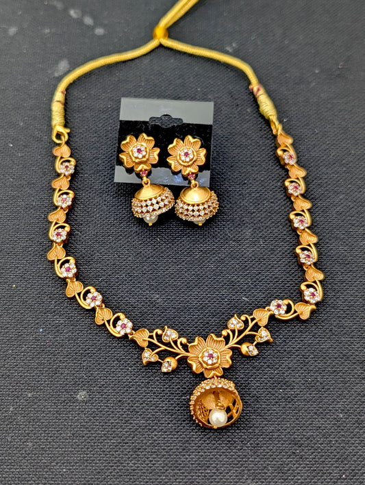 Antique Flower design CZ Choker Jhumka set