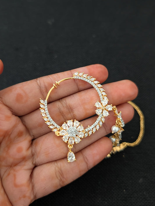 CZ stone Clip on Large Nose ring with chain