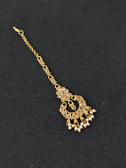 Chandbali design Polki Pearl dangle Maang Tikka - Design 1