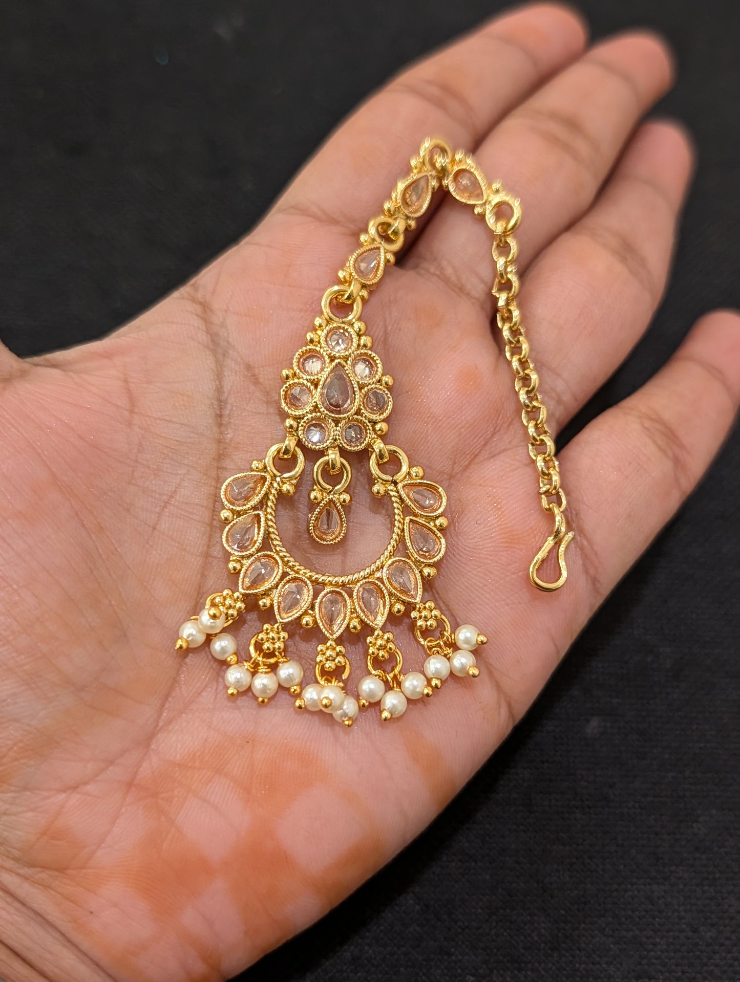 Chandbali design Polki Pearl dangle Maang Tikka - Design 2