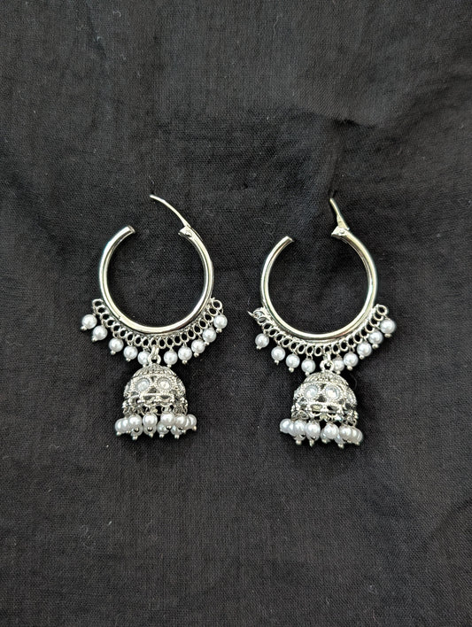 Bright silver Pearl Polki Hoop Jhumka Earrings