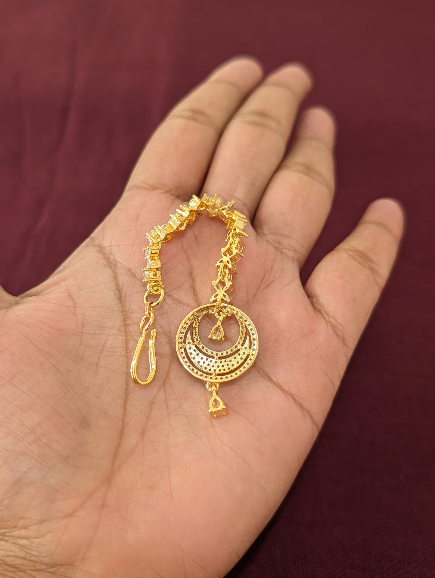 White CZ One gram gold plated hollow chandbali Tikka