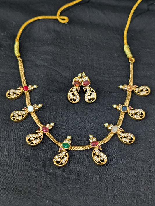 Antique Peacock design Multi color CZ Choker set