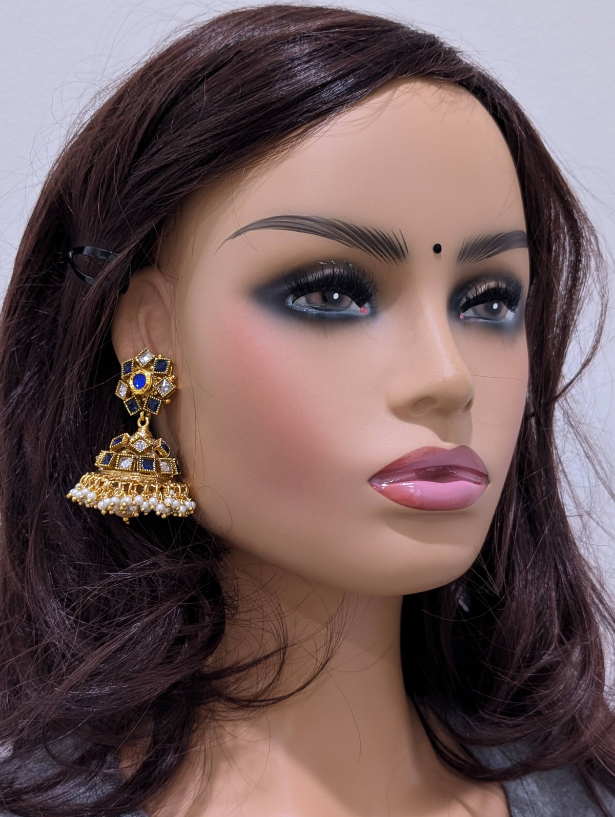 Blue White Polki Guttapusalu Large Jhumka Earrings