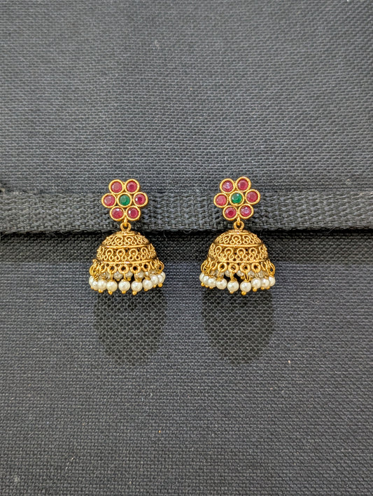 Gold plated Filigree Polki small Jhumka Earrings - Pearl bead