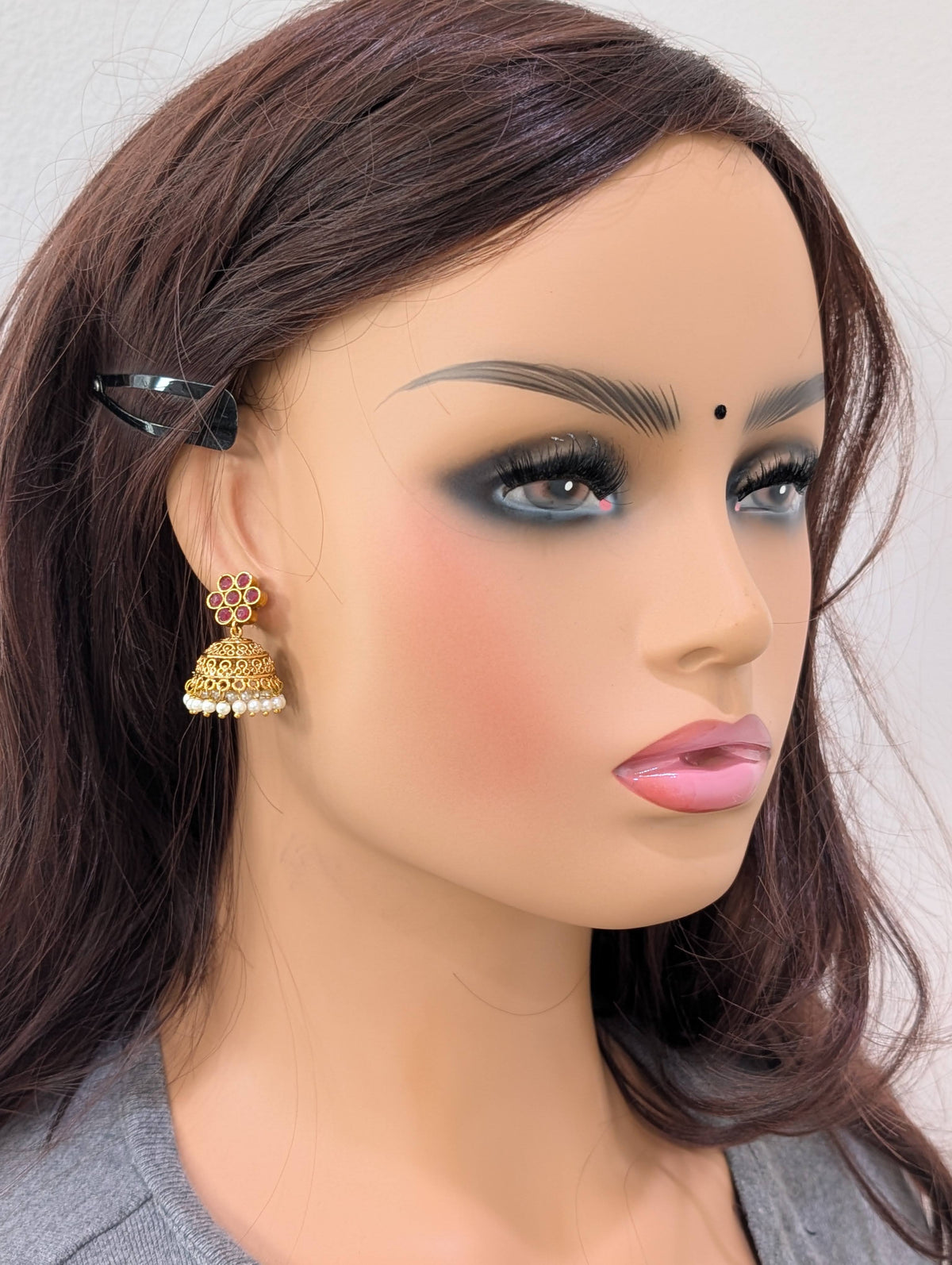 Gold plated Filigree Polki small Jhumka Earrings - Pearl bead