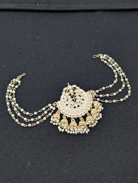 Kundan Pearl chain Clip on Hair brooch